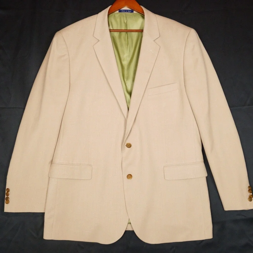 Alan Flusser Sport Coat Mens 48L Tan Solid Polyester Viscose